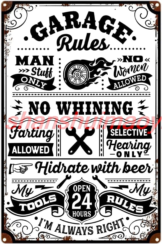 Men Accessories Rule - Tabliczka z zasadami garażu, retro metalowa